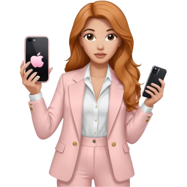 pale skin Kim Kardashian with ginger wavy long Hair, light pink  Spacious classical jacket, light pink palazzo Arrow pants and white blouse holding white IPhone 15 pro in the hands emoji