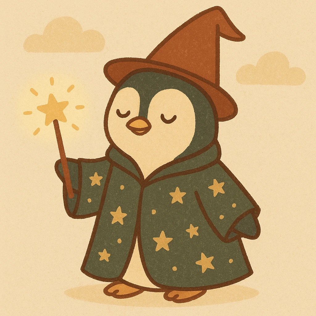 a cute penguin wizard with a starry robe and a wand, casting a spell, cartoon style emoji