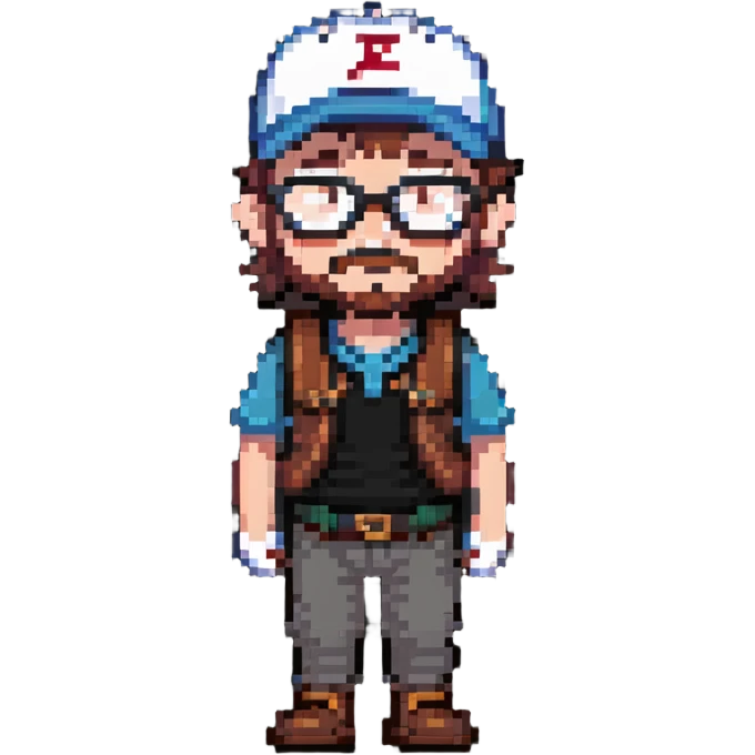 adventurer with small beard, glasses and backwards baseball cap emoji