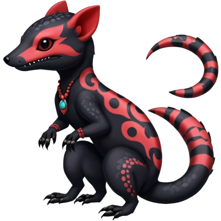 Rare warm-colored exotic gloomy tropical edgy cute epic aesthetic spooky black red gothic colorful Salandit-Noibat-Civet-species-Fakemon-hybrid-creature, with tribal tattoo markings, full body emoji