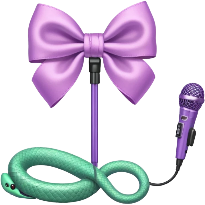 A pastel pink bow with a pastel green snake on the top of one side and a pastel purple microphone on the bottom of the other side emoji