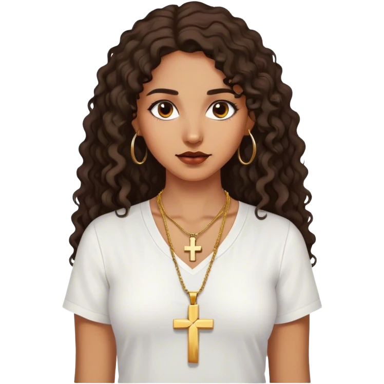 Brown woman with dark curly long hair white shirt with gold small cross necklace emoji