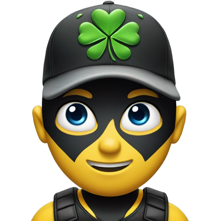 Human looking Bumblebee with blue human eyes , grey vandyke , black baseball cap with a four leaf clover on the front of the cap emoji