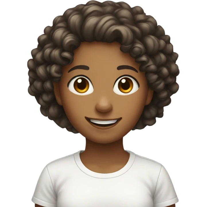 smiling girl with curly hair in white shirt emoji