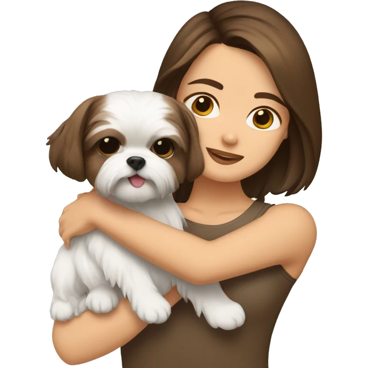 Brunette girl with brown short hair, hugging her Shih tzu white with gold ears emoji