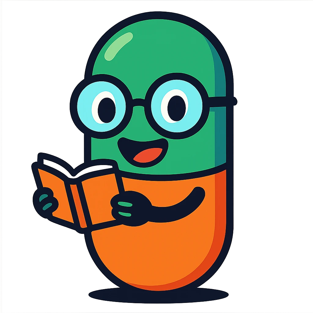 A smiling capsule pill with big round glasses, holding a tiny open book, cartoon style, vibrant colors, pill is green and orange emoji