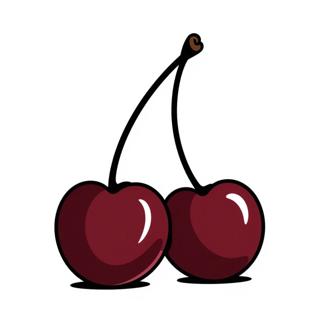 Hand-drawn pair of deep burgundy cherries with stem and leaves, dark rich red emoji