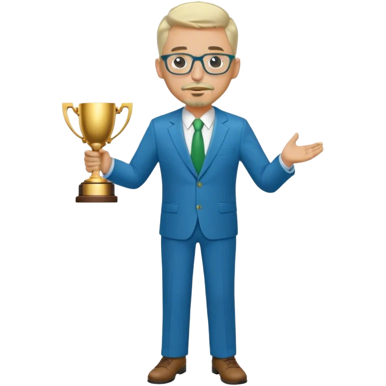 Full Body white  male medium size wearing glasses with a goatee with light blonde and gray very short hair basketball head Coach in blue and green suit holding trophy emoji