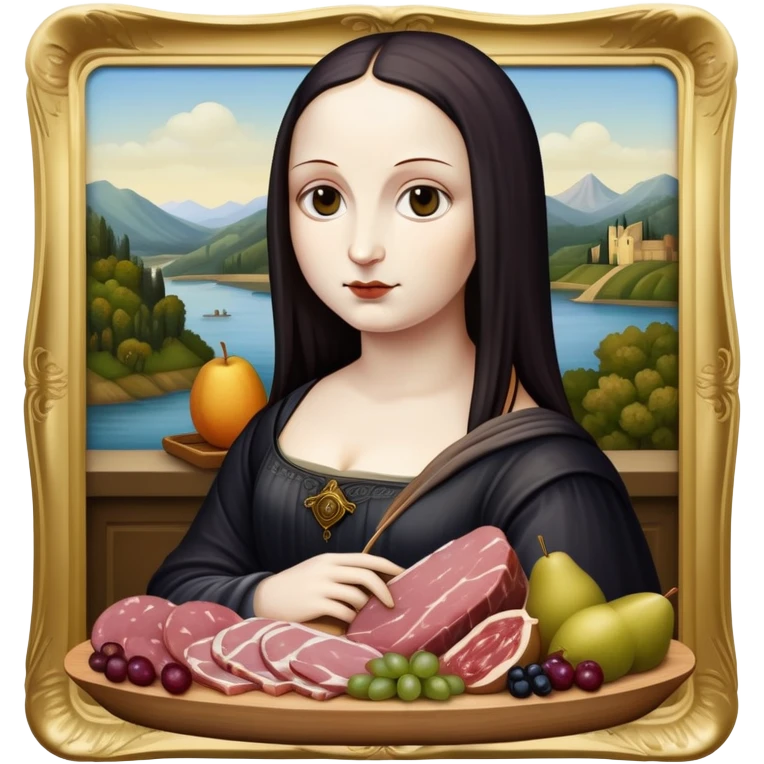  goth mona lisa with SPAM MEAT charcuterie and fruit tray renaissance landscape emoji