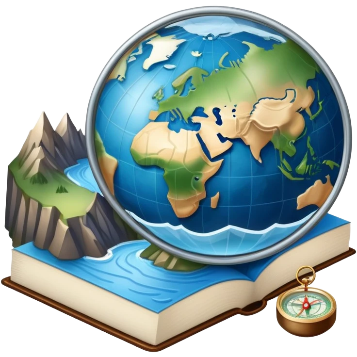 an icon featuring an earth with attitude and longitude lines, a textbook, and a topographic map, symbolizing geography as a science. The design includes a compass, mountain ranges, and rivers, representing the study of Earth's features and landscapes. Transparent background highlights geography. emoji