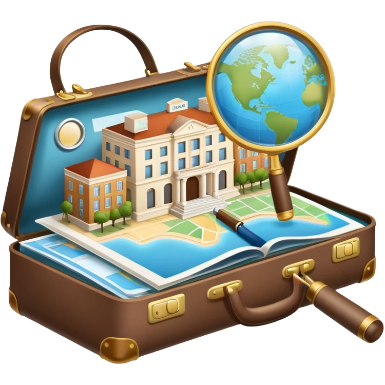 An icon featuring a suitcase, a hotel building, symbolizing the academic study of tourism and hospitality. The design includes a travel map and a magnifying glass, representing research into destinations and hospitality management. Transparent background emoji