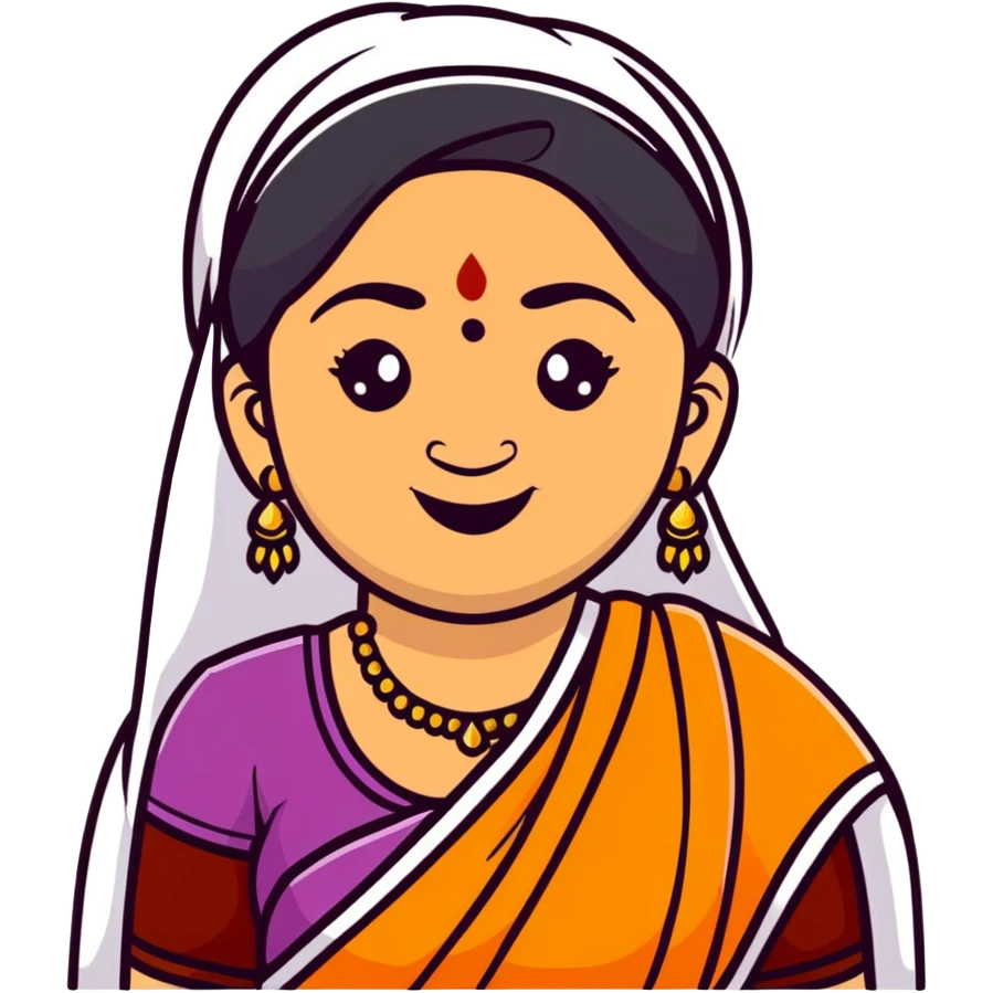 A cheerful Indian aunt (mausi) character with a plump face, smiling, wearing traditional Indian clothing and a bindi emoji