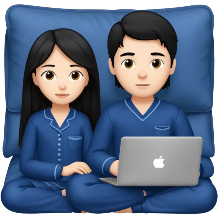 black haired boy and long haired girl in navy blue pajamas , watching movie on laptop emoji