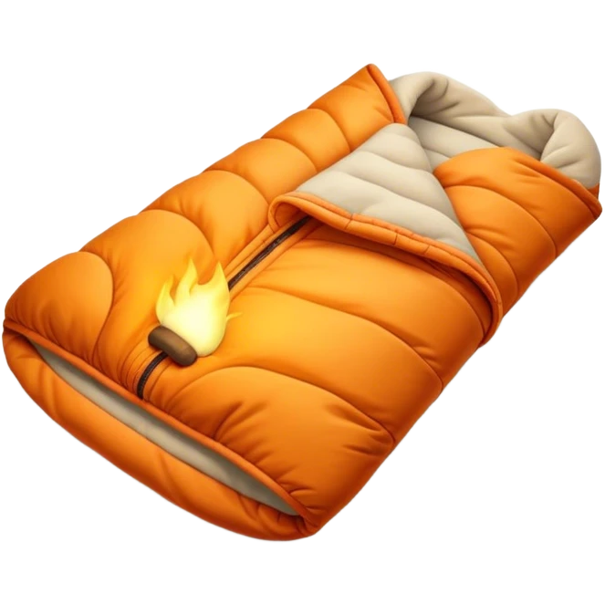 Cinematic Realistic Sleeping Bag, plush and slightly wrinkled, rich fabric texture catching the firelight, glowing with warmth and inviting coziness, nestled within a peaceful campsite. emoji