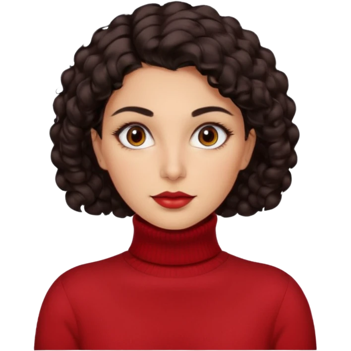 30 yr iranian woman dark brown hair curly wavy short hair, red turtle neck sweater, very thick eyebrows, light skin emoji