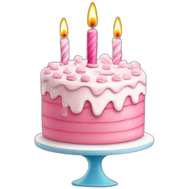 Pink and white birthday cake with a happy birthday card emoji