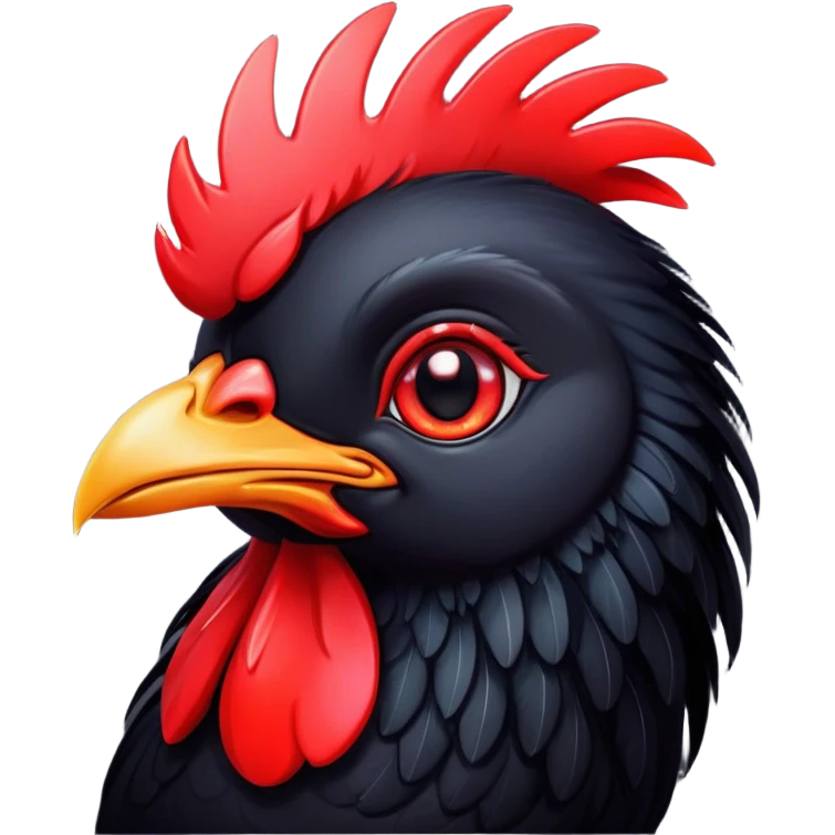 Cinematic Cute Black Chicken Portrait Emoji, Head tilted playfully and inquisitively, featuring sleek, lustrous black feathers and a vibrant red comb, round, sparkling beady eyes filled with curiosity, Simplified yet irresistibly adorable features, highly detailed, glowing with a warm, friendly glow, high shine, affectionate and lively, stylized with a touch of whimsical charm, bright and endearing, soft glowing outline, capturing the essence of a mischievous yet loving chicken, so playful it feels like it could peck out of the screen and into your arms! emoji