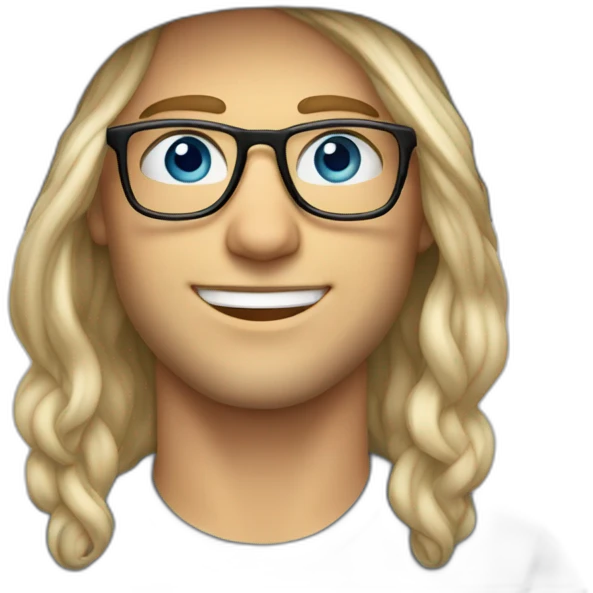 Handsome man smiling with glasses and blue eyes. long blond hair. Backwards grey hat emoji