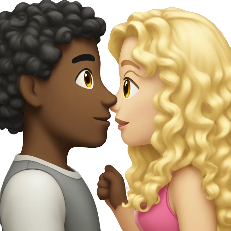 Boy curly black hair kisses a blonde girl with straight hair  emoji
