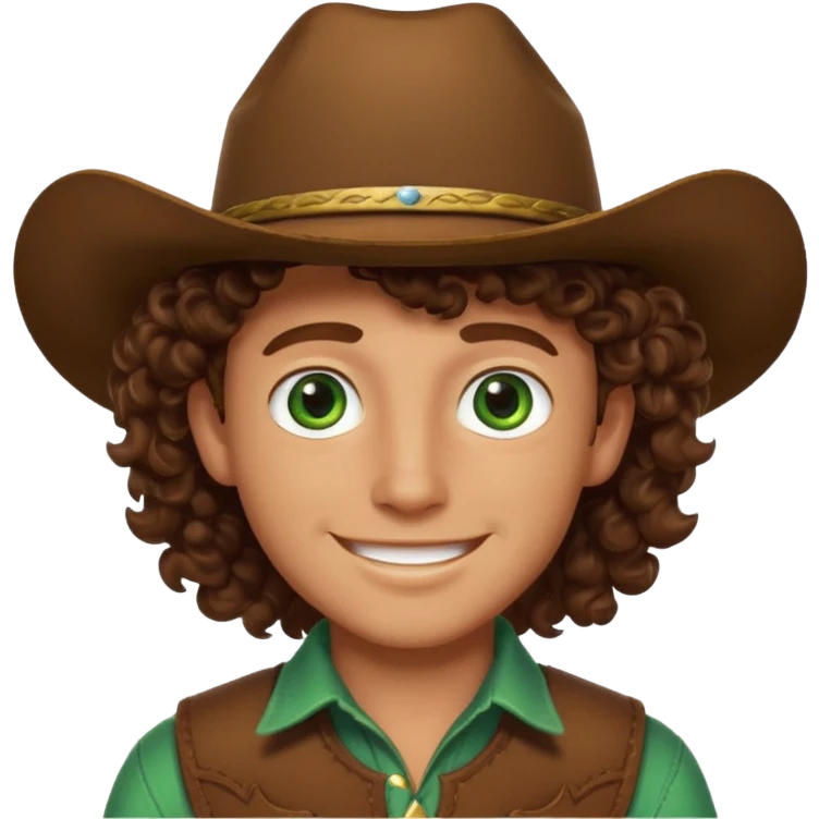 Cowboy boy with curly brown hair green eyes and he is happy  emoji