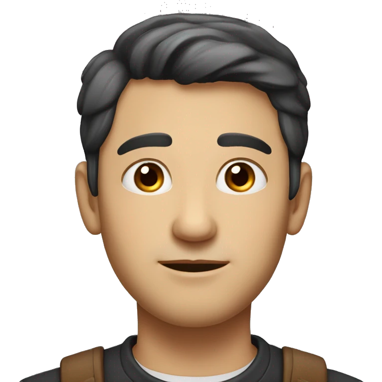 portrait of a man with an oval-shaped face and soft, balanced features. He has short dark hair, neatly styled upwards, and warm brown eyes with a friendly, slightly squinted expression. emoji