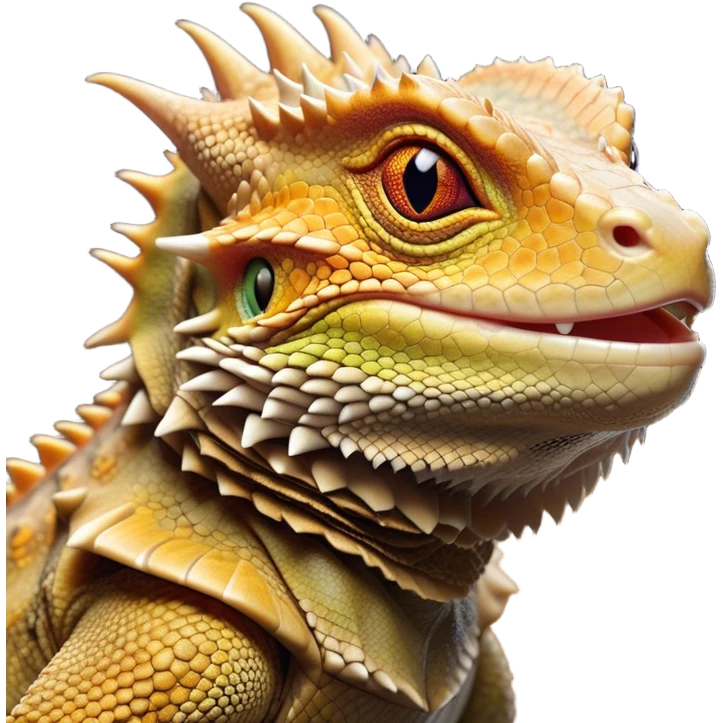 Cinematic Noble Bearded Dragon Portrait Emoji, Poised and regal, with a robust, angular build and a textured, scaled hide in earthy olive and sandy tones, a prominent spiky 'beard' beneath its chin and a keen, alert gaze, Simplified yet sharp and sophisticated features, highly detailed, glowing with a soft, dignified glow, high shine, intelligent and fierce, stylized with an air of desert majesty, focused and attentive, soft glowing outline, capturing the essence of a watchful and commanding reptile, so majestic it feels as though it could scuttle out of the screen with effortless authority! emoji