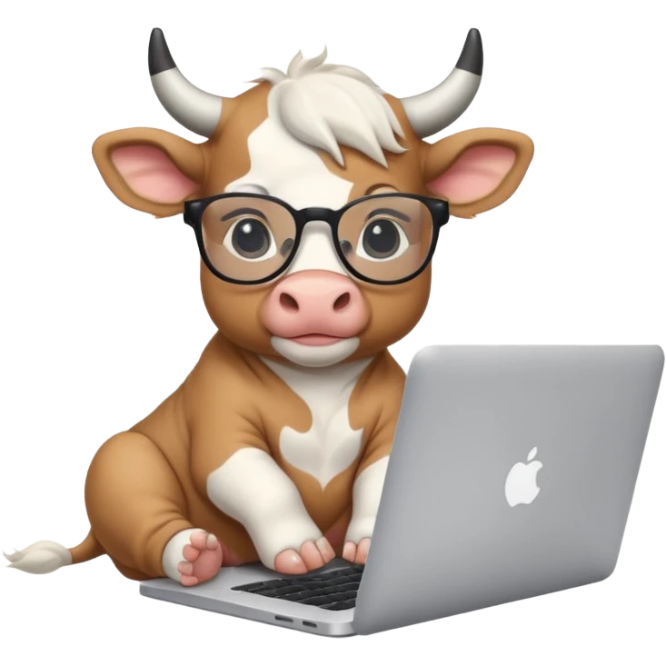 baby white bull in fancy glasses sitting in front of a macbook, working  emoji