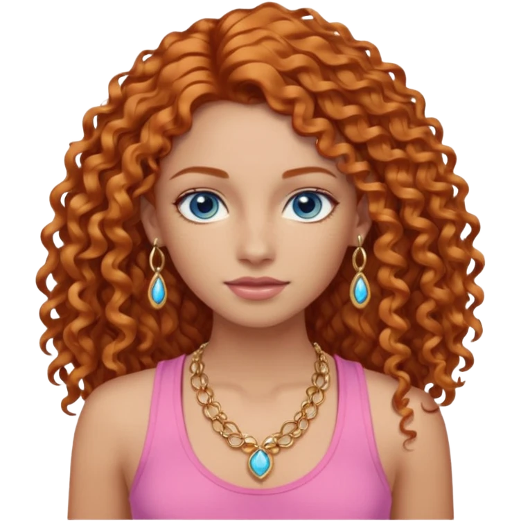 Girl with long ginger curly hair, blue eyes, tan-ish skin, gold jewelry, and a pink tank top emoji