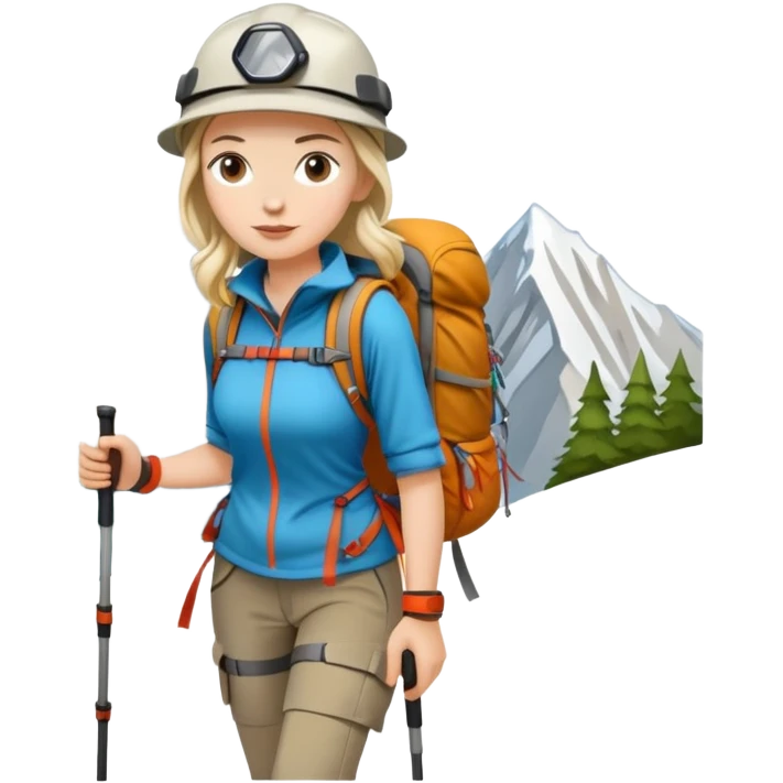female mountain climber with backpack and hiking poles emoji