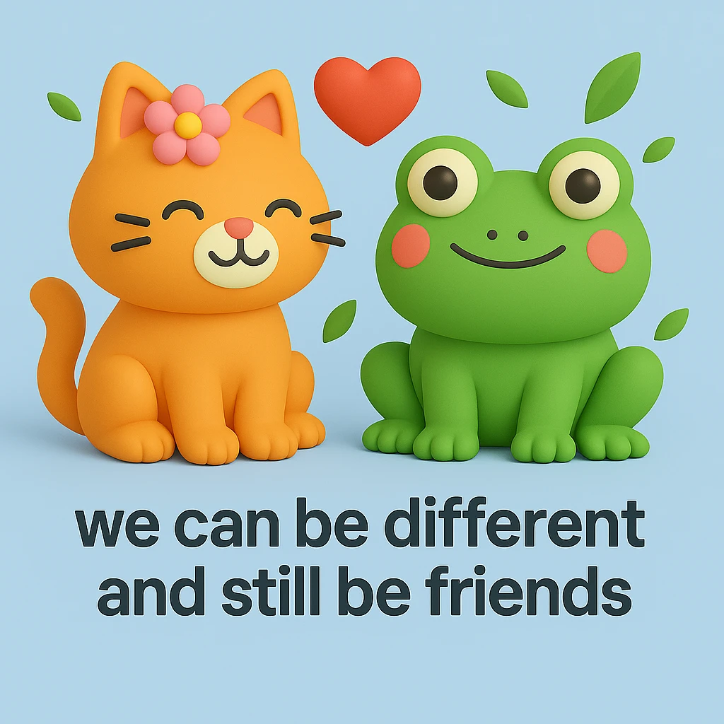 A 3D iOS style illustration of a cat and a frog together, with a flower on the cat's head and a heart floating between them, conveying a message of friendship. The scene should have a light blue background with some green leaves scattered around. Include the text "we can be different and still be friends" at the bottom. emoji