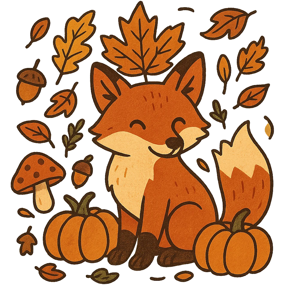t-shirt design, vector illustration of a fox surrounded by autumn elements (fallen leaves, acorns, mushrooms, pumpkins), warm autumn color palette (orange, red, yellow, brown), clean bold lines, detailed but stylized, centered composition, no background, isolated graphic, modern flat style emoji