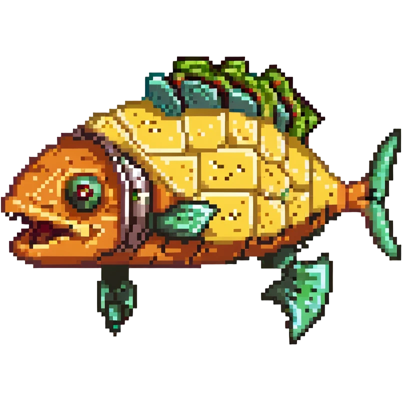 a cyborg robotic salmon who's torso is made from a filled crunchy taco, with lettuce salsa meat and cheese. he is fish taco bot man his face and head, tail, and fins are metallic robotic construction, he has a slit visor across his face where his eyes should be like cyclops emoji