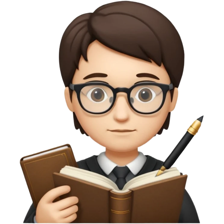 writer holding big pen in hand and closed book in other hand, wearing glasses emoji