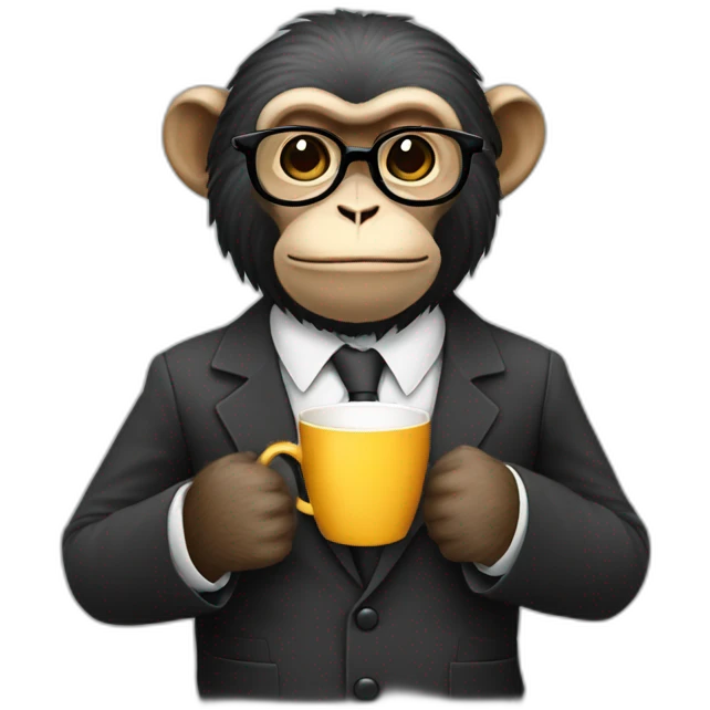 monkey professor with beard, mustace, glasses, suit drinking coffe emoji