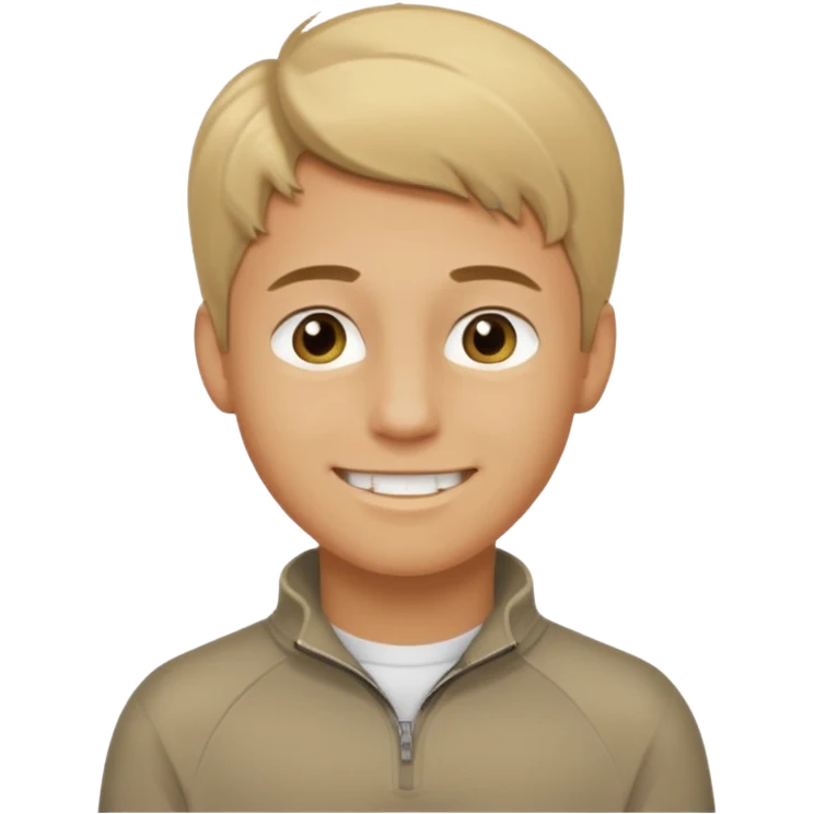 make a boy with comb over  dirty blond hair hazel eyes tan white smirky smile and quarter zip  emoji