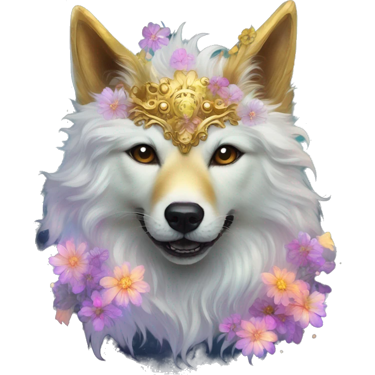 iridescent fluffy dog fox head zombie skull skeleton gold mechanical nebula galaxy stars colorful flowers fairy lights vintage emoji