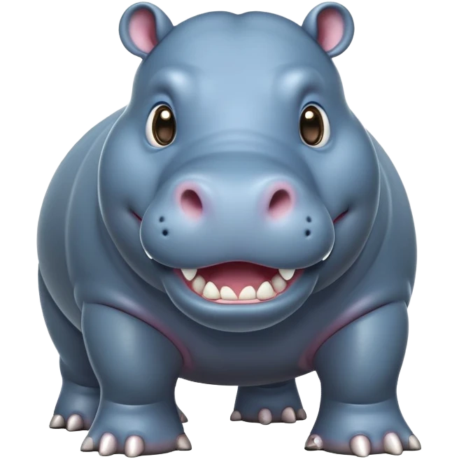 cinematic-hippo-realistic-full-body-side-view-standing-on-all-fours-emoji,-massive-round-frame,-wide-mouthed-grin-exposing-huge-teeth,-head-tilted-dramatically,-thick-greyish blue-hide-glossy, big cute eyes emoji