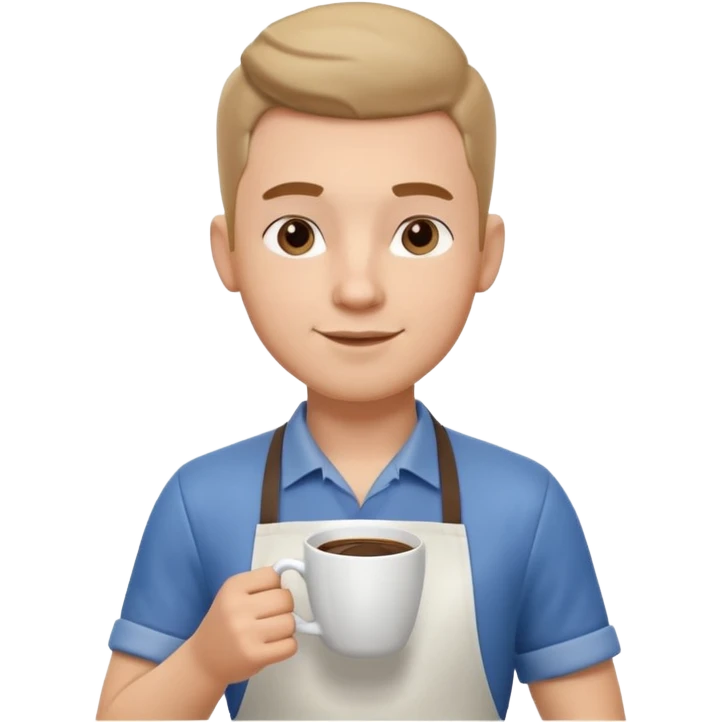 male barista portrait, head and shoulders only, wearing apron collar, holding a coffee cup, confident friendly expression, cafe worker vibe, 3D cartoon, mobile game icon style, clean background, no text, no watermark
 emoji