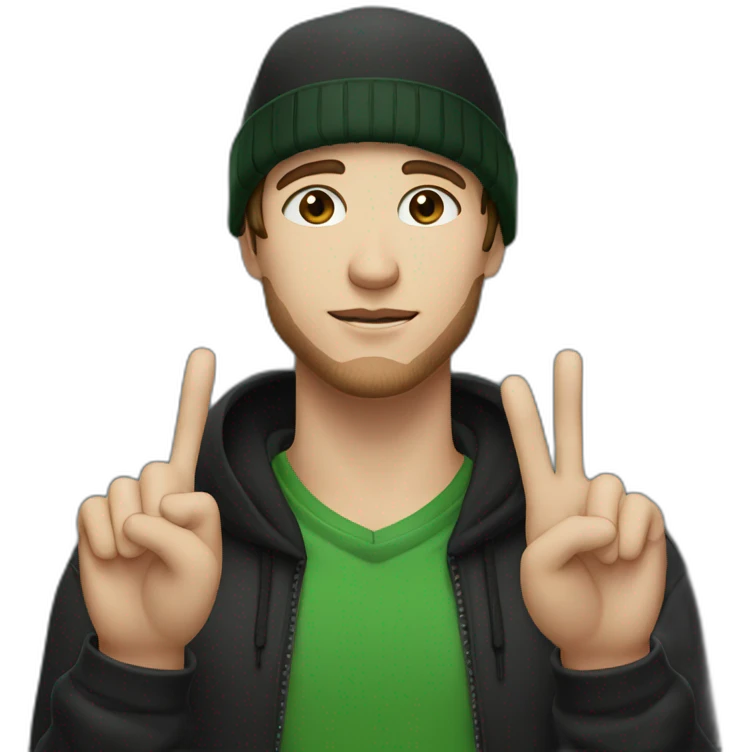 Man wearing black hoodie, black and green hat, brown hair, brown eyes, pale skin, giving peace sign emoji