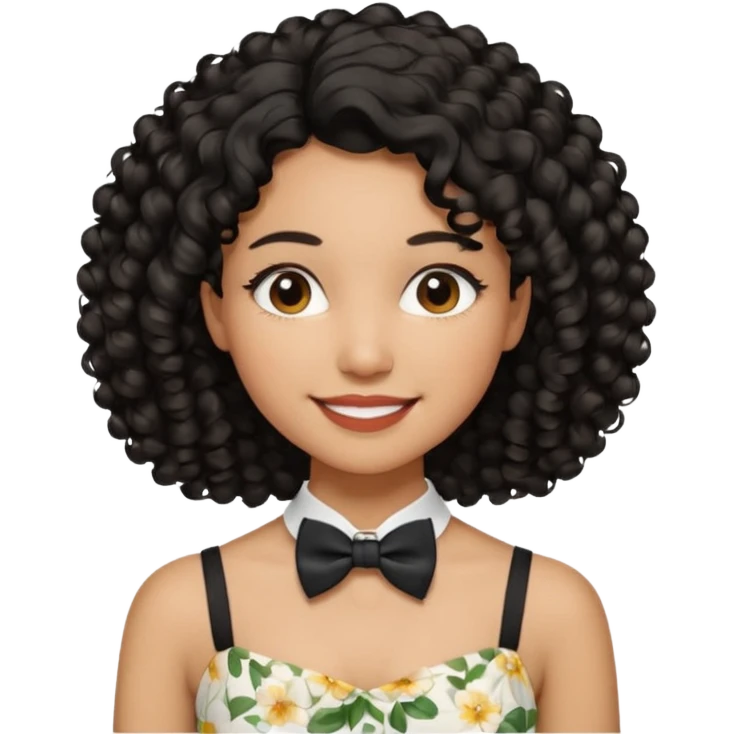 A young woman. She has voluminous, curly black hair that frames her face beautifully. Her skin tone is light Brown and glowing, and she has a subtle, natural makeup look. She’s smiling softly at the camera. She is wearing a white floral top with thin straps and a small bow tie detail in the front. emoji