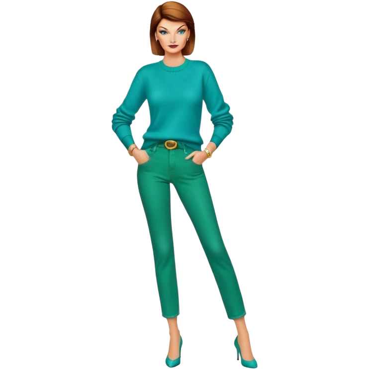 Linda Evangelista in turquoise sweater and green jeans pants emoji