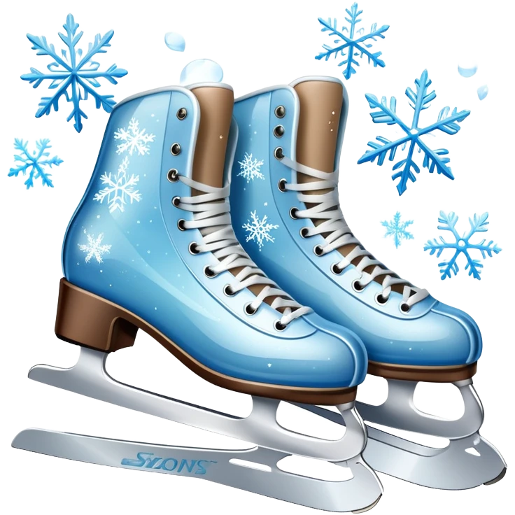 An icon showing In the background, twinkling lights, winter trees, and cheering spectators create a festive atmosphere. a pair of elegant ice skates gliding across a smooth, frozen rink with snowflakes in the air. Transparent background highlights the grace and charm of ice skating. emoji