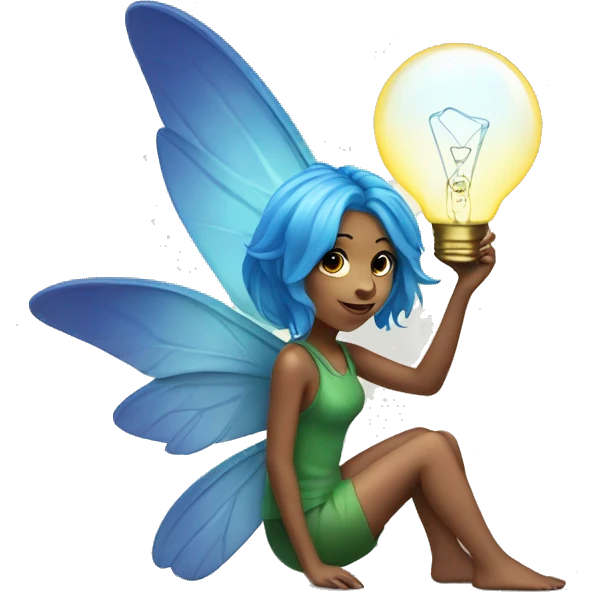 a pixie with blue hair and multicolored wings holding a lightbulb emoji
