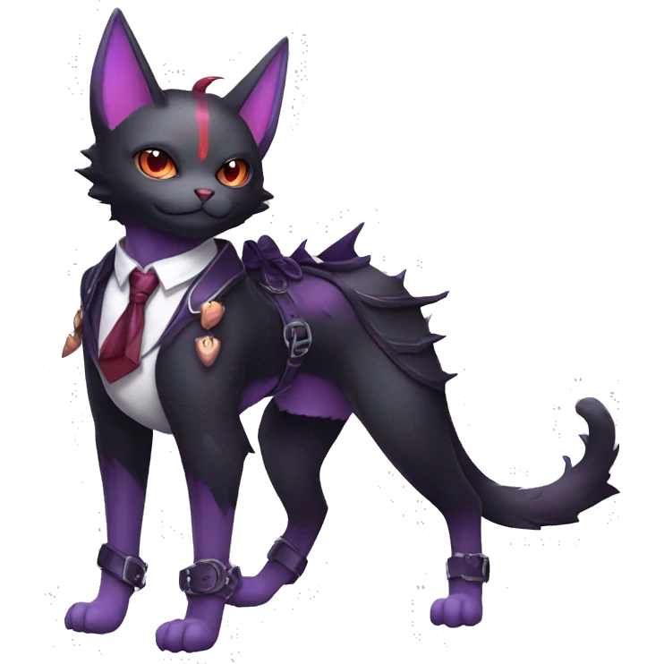 cool kawaii black purple red ethereal fantasy beautiful elegant nargacuga-bat-cat-Fakemon collar harness tie and leg spats full body emoji