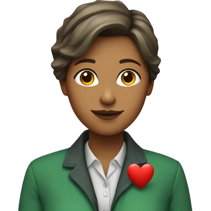 A female teacher in a green jacket holds a heart in her hands emoji