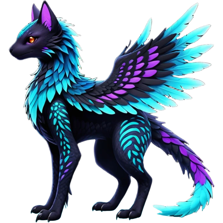 Black Dark Exotic Colorful Black, Cyan, Purple, Beaked Feathery Nocturnal Neon-glowing Abyssal Nightly Abyss-Cat-Gryphon-Salandit-Nargacuga-Silvally-Vernid-Sergal-Fakémon-Hybrid-Creature (full body) emoji