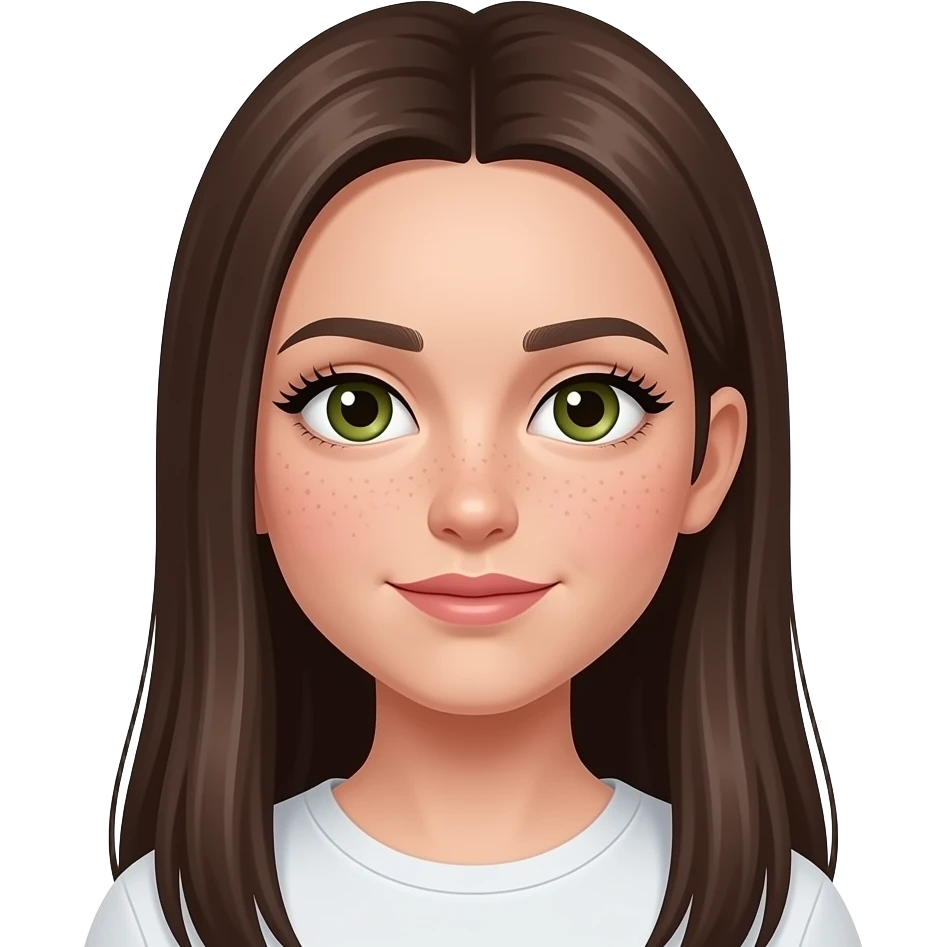 haz una chica con ojos verdes y marrones con pelo muy largo, liso y castaño muy oscuro, con pecas y pestanyas largas emoji