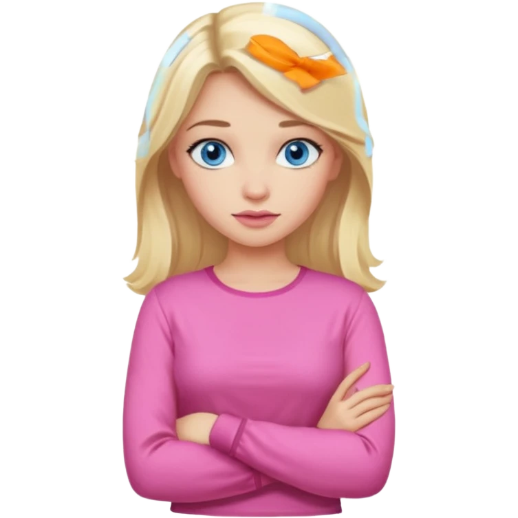 A girl with blue eyes, full lips and blonde long hair in a pink blouse shows no with her hands, crossing them emoji