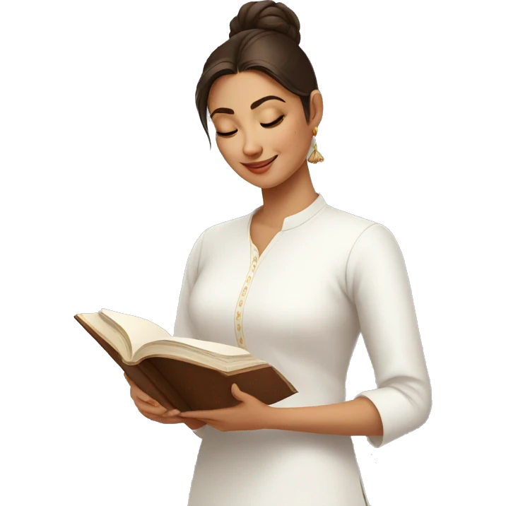 A modern women wearing white kurti  and book in hand emoji