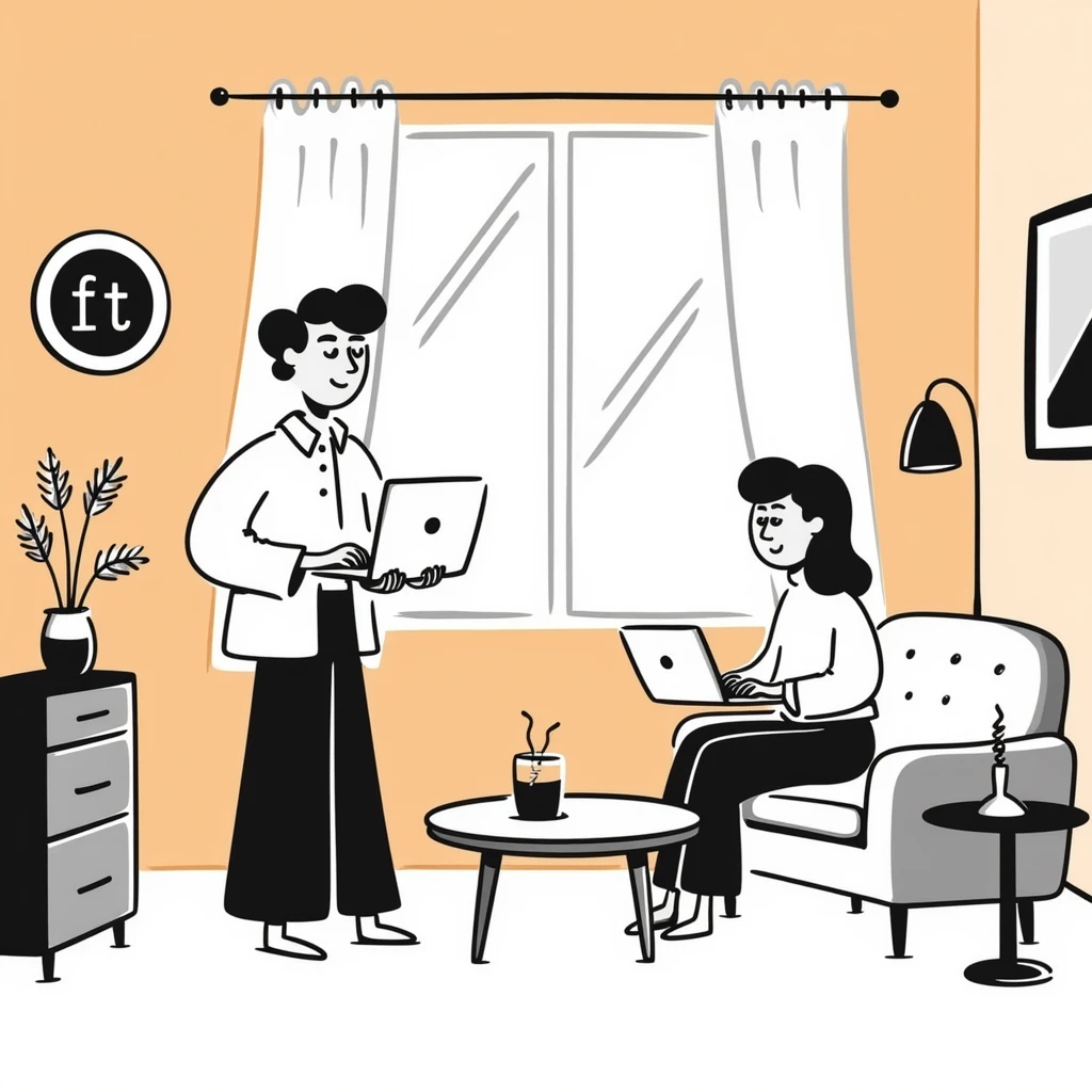 escenary 3d of a cozy mid-century living room with two people working on laptops, one man standing at a desk and one woman sitting on a couch, warm tones, two walls and floor visible emoji